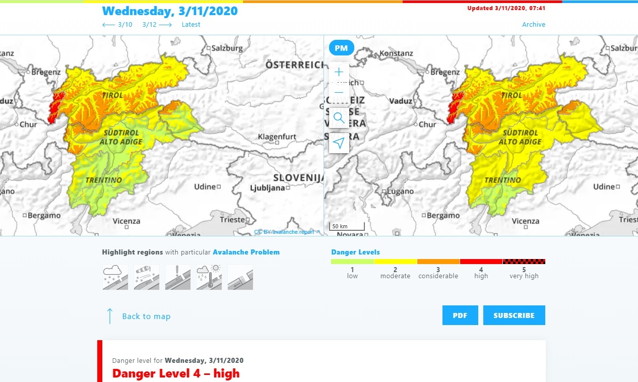 Lavinová předpověď pro Tirolsko (rozdělení na dopoledne a odpoledne)